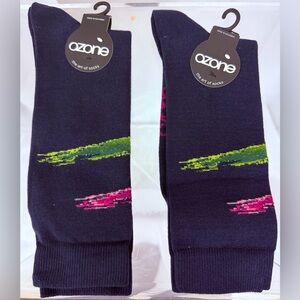 Ozone (Set of 2 Pair) Dark Blue Crew Socks with Pink & Green Highlights OS NWT